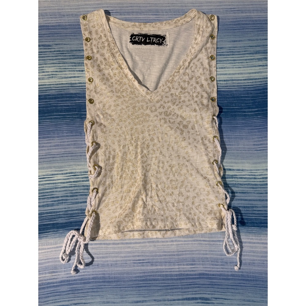 Upcycled Lace Up Tank Top White Gold Metallic Leopard Print Grommet Women Medium
